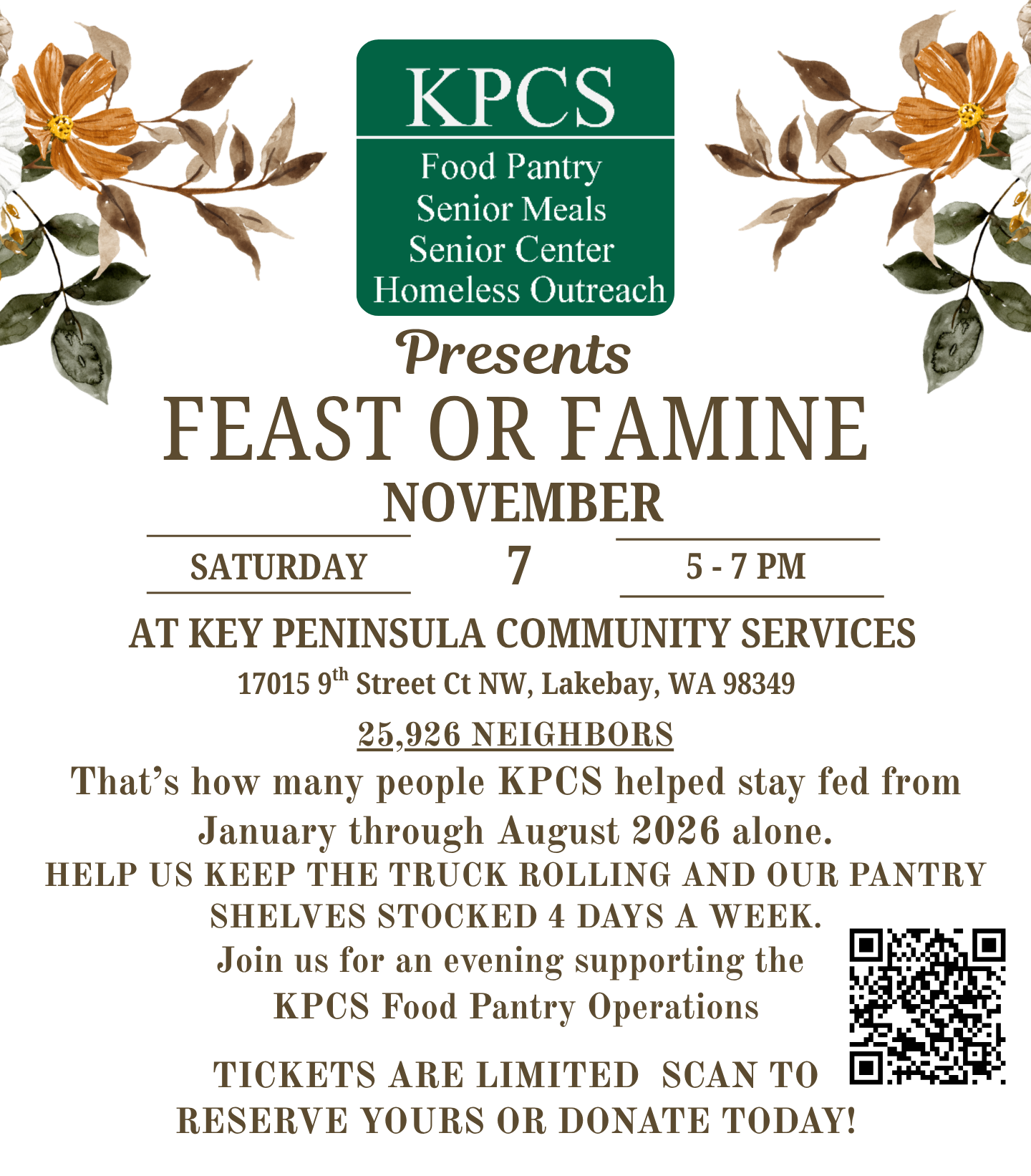 Feast or Famine 2026 flyer: Saturday, November 7, 5 to 7 PM at Key Peninsula Community Services